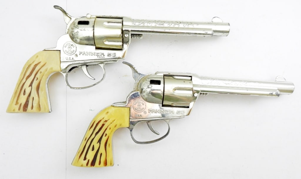 (2) VINTAGE MATTEL FANNER 50 CAP GUN TOY: BOTH 10 IN LONG, STAMPED MATTEL.IN TOYMAKERS MARK, FANNER 50, BOTH CLICK