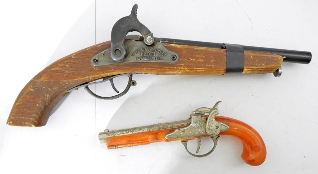 (2) FOR REPAIR VINTAGE TOY CAP GUN MUSKETS: BOTH WILL NEED TO BE REPAIRED, 1- HUBLEY MUSKET, 1- CIVLI WAR MUSKET KADET SAVANNAH TENN.