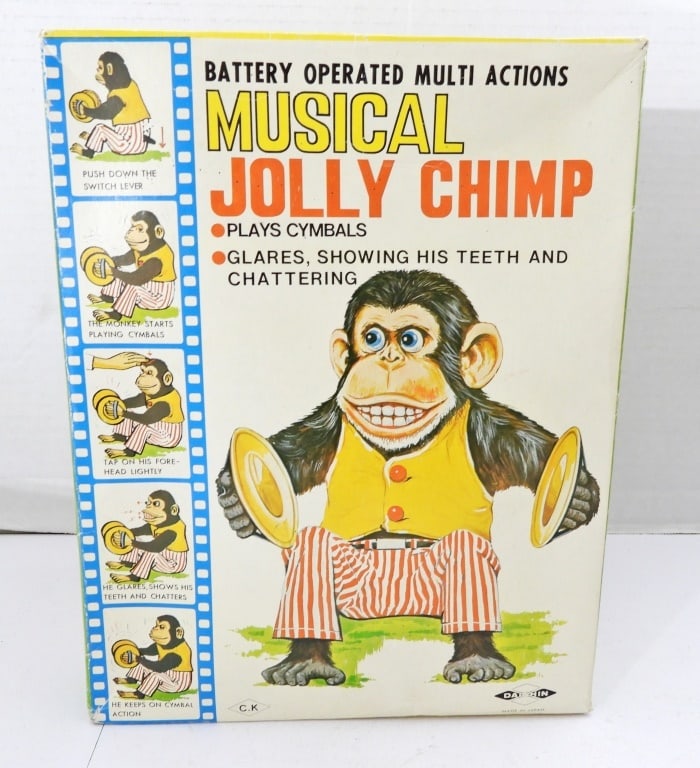 VINTAGE DAISHIN MUSICAL JOLLY CHIMP W/BOX: UNTESTED, GREAT CONDITION WITH BOX, NO. 7061, BATTERY OPERATED MULTI ACTIONS