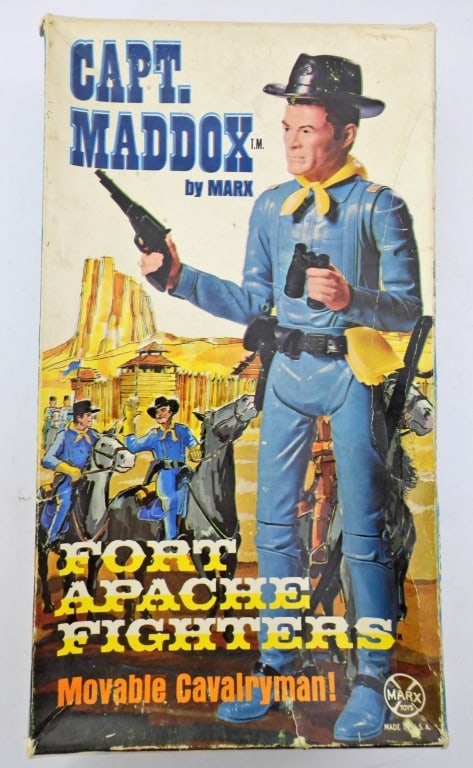 MARX FORT APACHE FIGHTERS CAPTAIN MADDOX W/BOX: MOVABLE CAVALRYMAN, NOT ALL PARTS ARE WITH THE DOLL, 11IN LONG FOR THE DOLL, SOME WEAR AND TEAR ON BOX