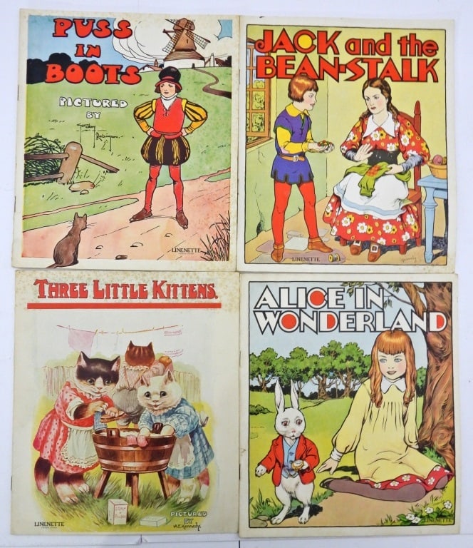 (4) VINTAGE LINENETTE BOOKS: ALICE AND WONDERLAND, JACK AND THE BEAN-STALK, PUSS IN BOOTS, THREE LITTLE KITTENS