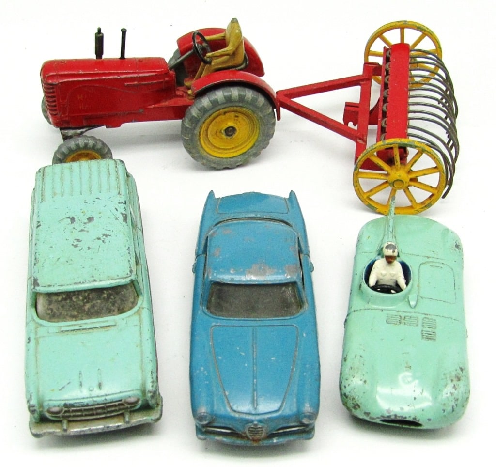 (4) Vintage Dinky Die Cast Toys: #238 Jaguar Type D Race Carith Driver, #24J Coupe Alfa Romeo Blue, #173 Nash Rambler Station Wagon, #324 Massey Harris Tractor and Manure Spreader (Farmer missing head); Used Conditions.