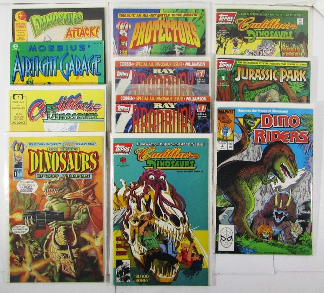 (11) DINOSAUR THEME COMIC BOOKS:: FROM TOPPS, MARVEL, MALIBU, EPIC & ECLIPSE. INCLUDING DINO RIDERS #3, JURASSIC PARK #1, CADILLACS AND DINOSAURS, & MORE!
