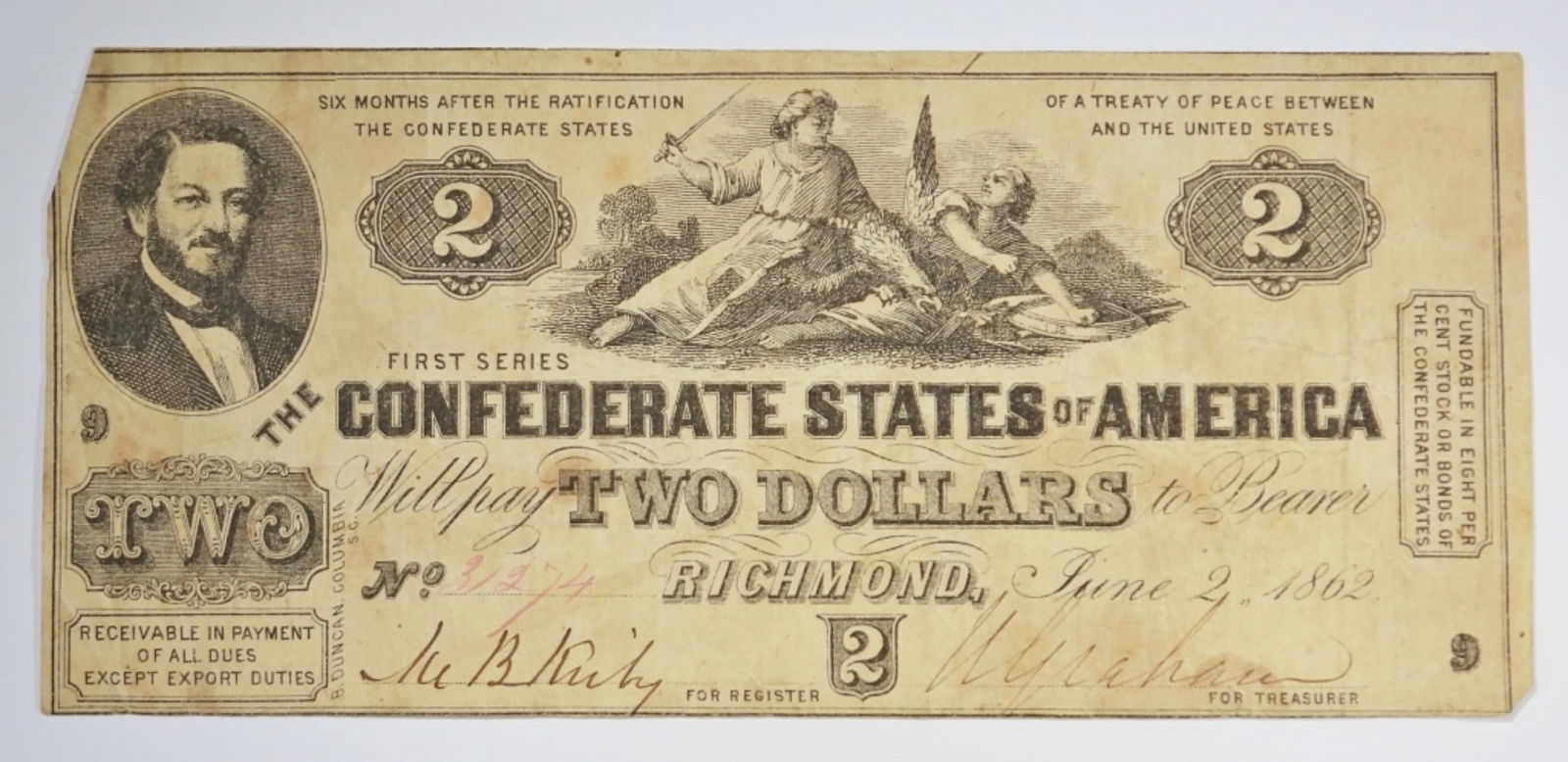 1862 $2 CONFEDERATE NOTE (1 of 2)