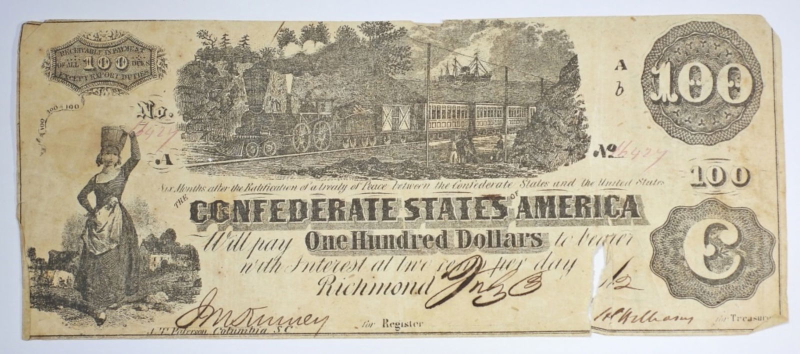 1862 $100 CONFEDERATE NOTE (1 of 2)