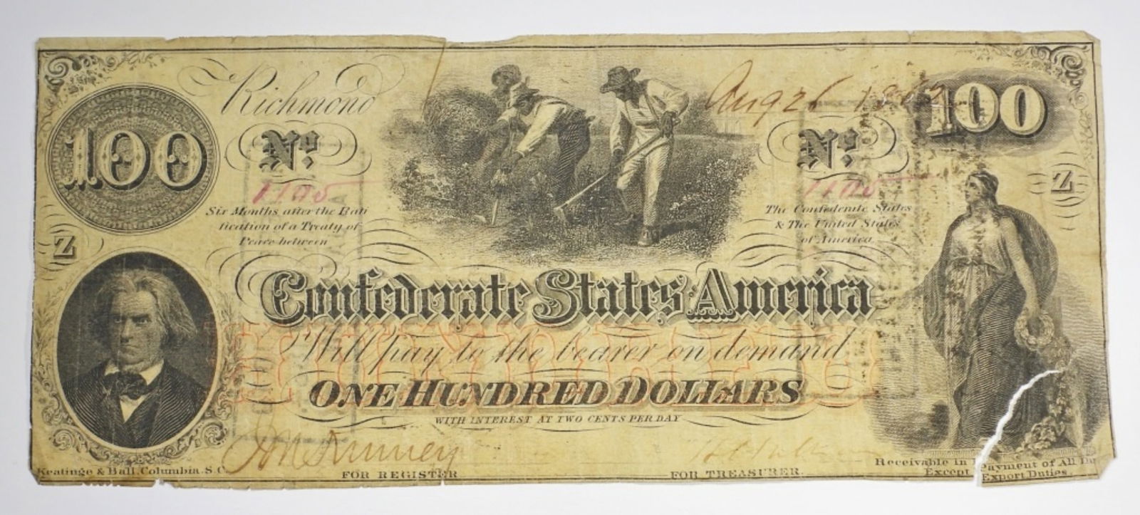 1862 $100 CONFEDERATE NOTE (1 of 2)