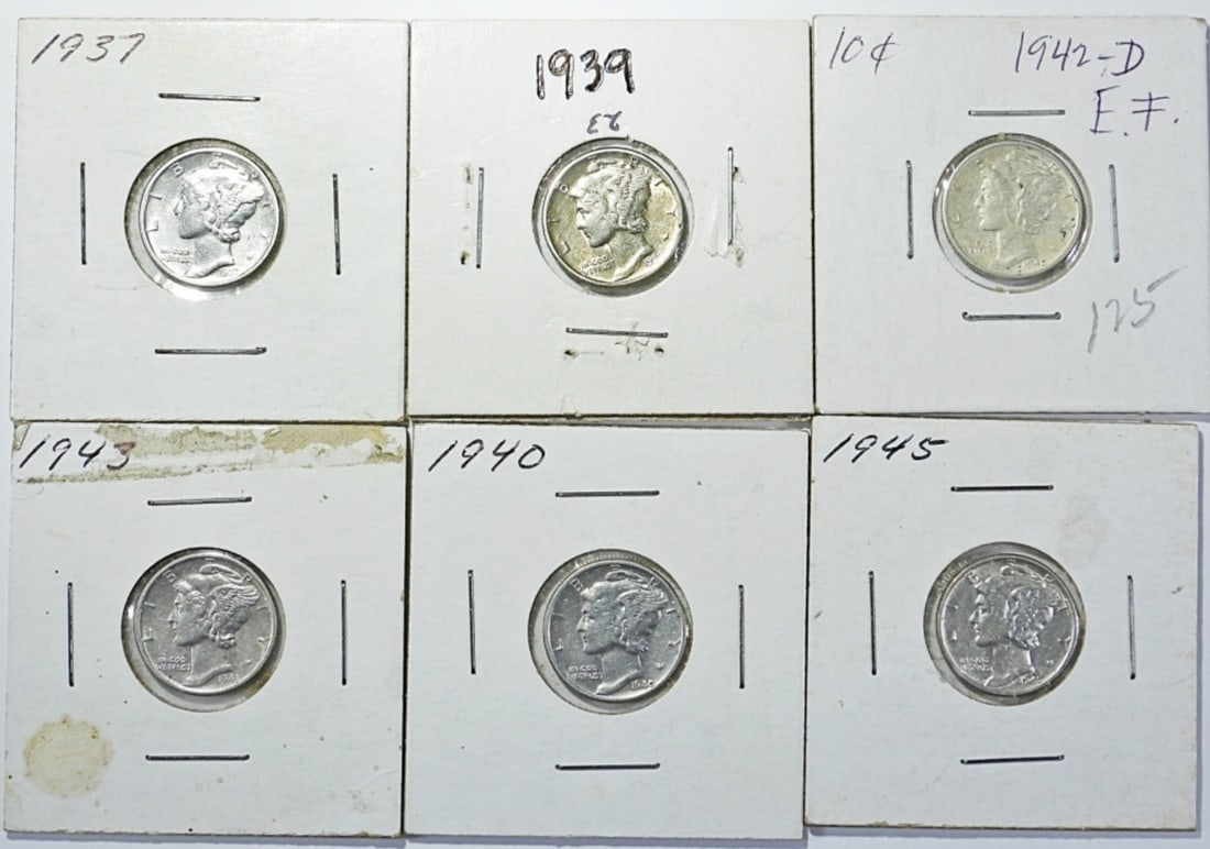 6-AU/BU MERCURY DIMES: 1937, 1939, 1940, 1942-D, 1943, 1945,