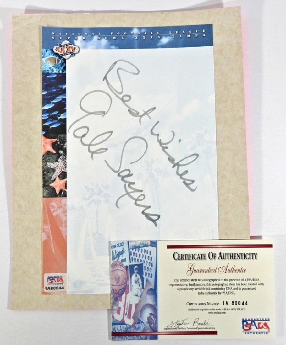 GALE SAYERS PSA/DNA AUTOGRAPH XXXV: NFL SUPER BOWL 5 1/2" x 8 1/2" PAPER with PSA/DNA CERTIFIED