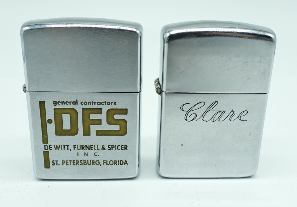 (2) PAT. 2517191 ZIPPO LIGHTERS: 1- 1950-1957 PAT. PEND. USED CONDITION, MATCHING INSERT, ENGRAVED "JO & DICK 6-19-54" ON ONE SIDE "CLARE" ON THE OTHER, 1- 1964 INSERT DOES NOT MATCH, USED CONDITION, "DE WITT, FURNELL&SPICER INC. ST.