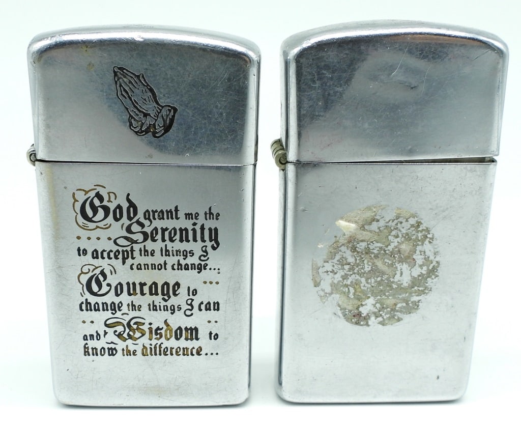(2) SLIM ZIPPO LIGTHERS: BOTH USED CONDITIONS, 1-1966, AND 1-1978 WITH A PRAYER ENGRAVED ON THE FRONT