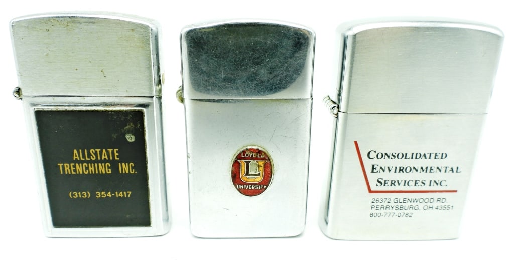(3) ADVERTISING LIGHTERS: ALL USED CONDITION, 1-BARLOW " ALLSTATE TRENCHING INC.", 1- PARK " LOYOLA UNIVERSITY", 1- BARLOW CONSOLIDATED ENVIRONMENTAL SERVICES INC."