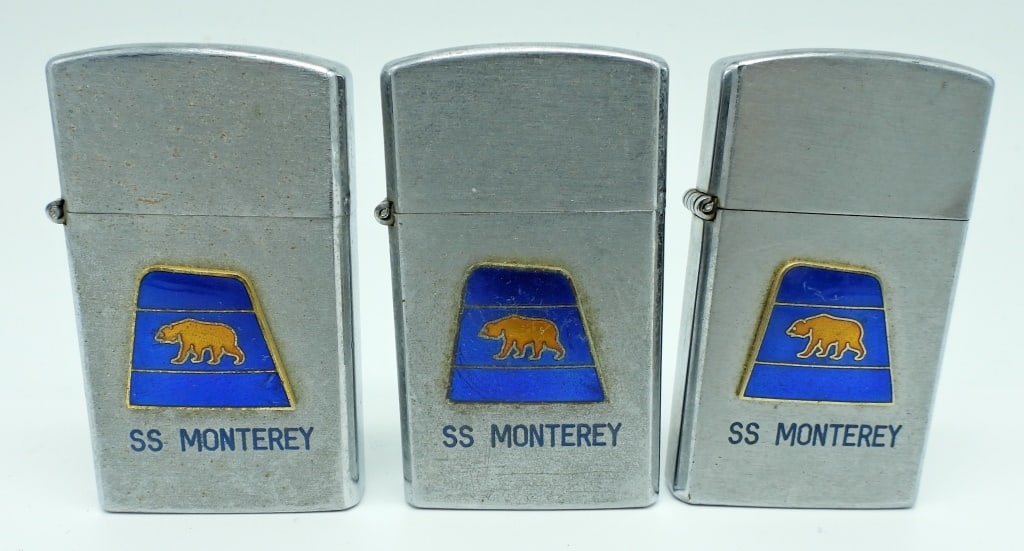 (3) VINTAGE LIGHTER SS MONTEREY SANTA CRUZ CA.: 1 IS UNFIRED, 2 USED CONDITION, MADE BY VULCAN THIN LINE