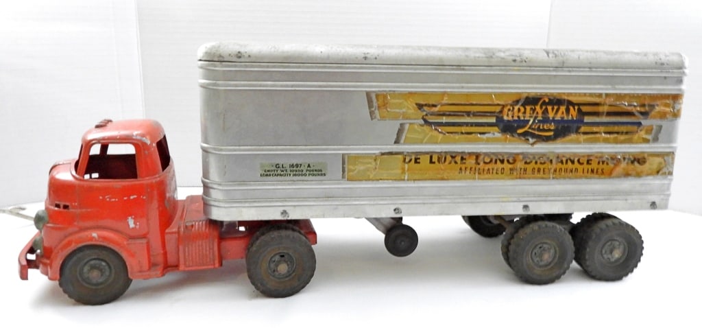 Wyandotte Grey Van Lines Moving Tractor Trailer: 23IN LONG, STICKERS ARE COMING OFF, BACK DOORS AND SIDE DOORS ON THE TRAILER OPEN, RUBBER TIRES