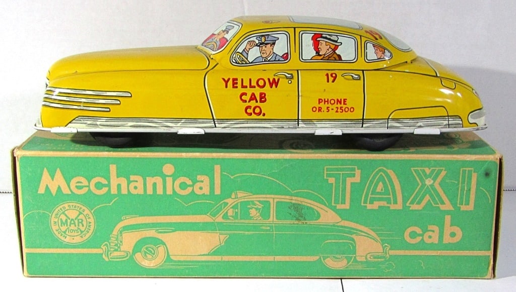 1950's Marx Yellow Mechanical Wind-Up TaxiCab: With Original Box and Wind Works, Car does not accelerate. Good Condition!