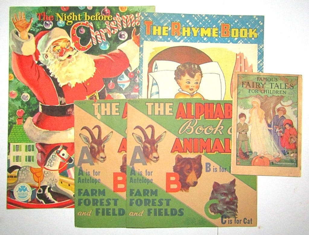 (5) Vintage 1920's & 40's Children's Story Booklet: 1949 The Night Before Christmas Linen Book Merrill Santa Claus #1545 15c, 1943 The Rhyme Book #2000 Cloth-Like, (2) 1944 Litho in USA The Alphabet Book of Animals #1502 (1 has rip in front cover), 192