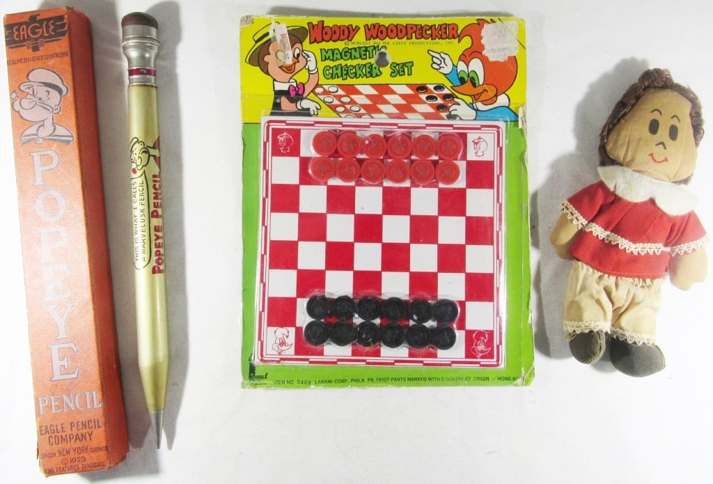 (3) VINTAGE TOYS: POPEYE PENCIL, LITTLE LULU: CLOTH DOLL & WOODY WOODPECKER MAGNETIC CHECKERS