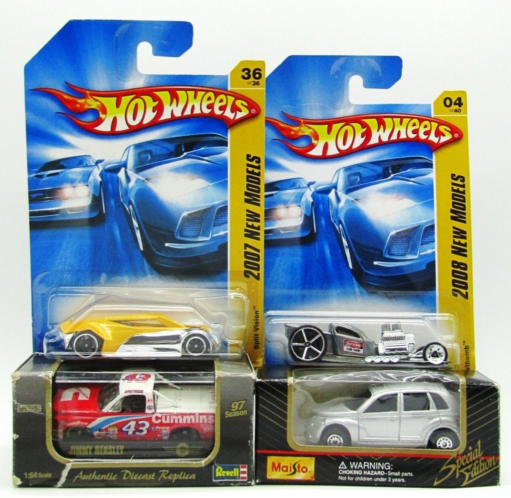 (4) New In Box Car Models; Hot Wheels, Maisto,: & Revell; Hot Wheels 2007 New Models #36 of 36 "Split Vision"; Hot Wheels 2008 New Models #04 of 40 "Ratbomb"; Maisto Special Edition GT Cruiser; Revell Limited Edition Jimmy Hensley #43 Authentic Die