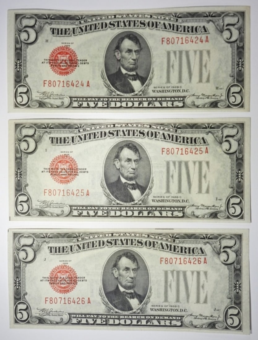 (3) CONSEC# 1928 C $5 RED SEAL NOTES (1 of 2)