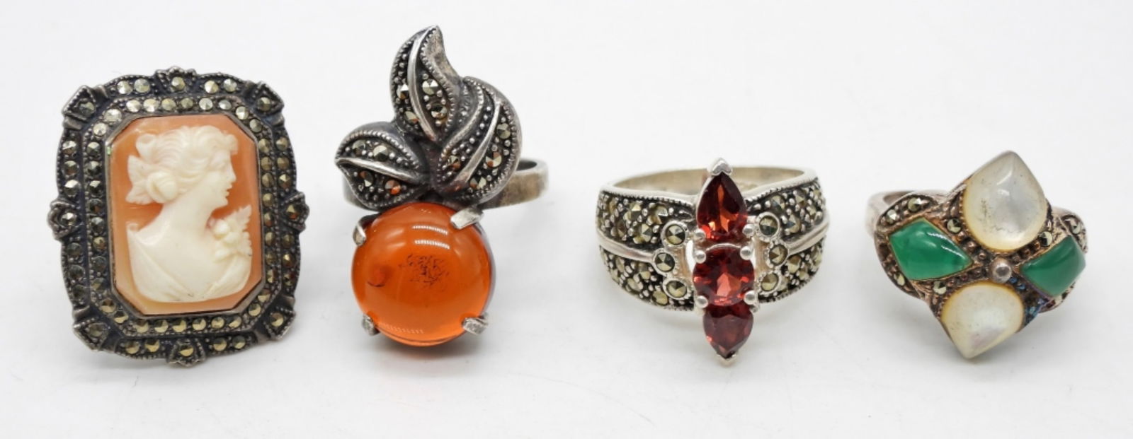 (4) UNIQUE STERLING RINGS - CAMEO, AMBER (1 of 2)