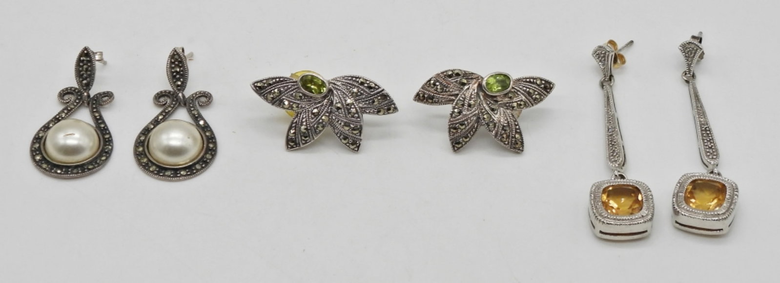 (3) PAIRS STERLING MARCASITE EARRINGS: STERLING SILVER EARRINGS WITH MARCASITE, COLORED GEMSTONES, MOTHER OF PEARL - MARKED 925 STERLING; (17.5 DWT)