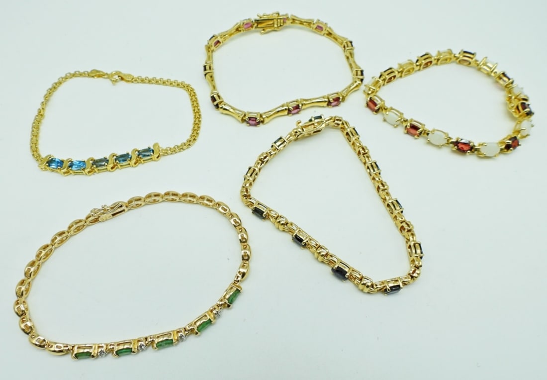 (5)925 GOLD TONE TENNIS BRACELETS: 33.3 DWT, 4- 8" LONG, 1- 7 1/2" LONG, ALL DIFFERENT WITH COLORED STONES, 1 SPRING CLASP, THE REST BOX CLASP