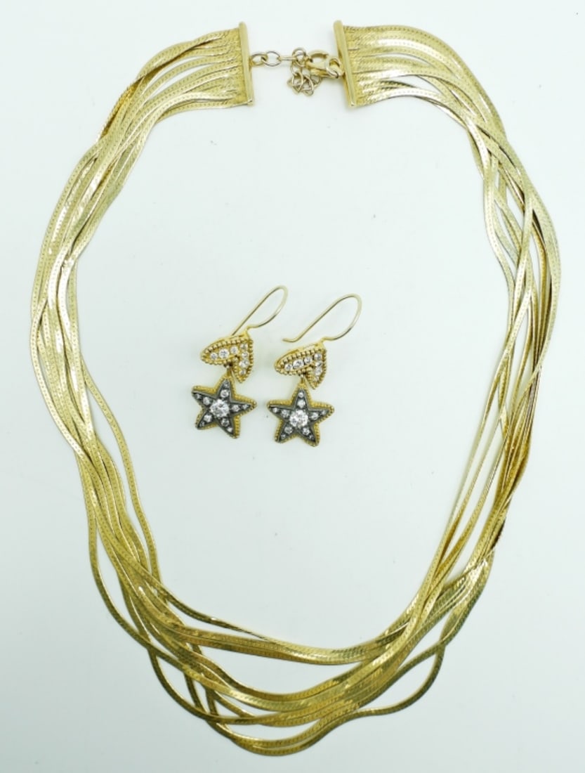 LAYERED GOLD TONE STERLING NECKLACE & EARRINGS: 27.9DWT,20"LONG, GOLD TONE, DROPPED PIERCED EARRINGS STARS WITH CLEAR STONES, STAMPED 925, LOBSTER CLASP STAMPED 925 FOR THE NECKLACE