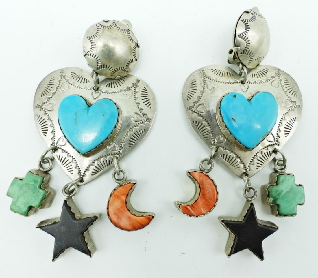 VINTAGE TURQUOISE HEART STERLING CLIP-ON EARRINGS: 34DWT, STAMPED J. SLIFKA DESIGNS STERLING, CLIP-ONS, MOON, STAR, CROSS DANGLE OFF THE STERLING HEART WITH A TURQUOISE HEART IN THE MIDDLE