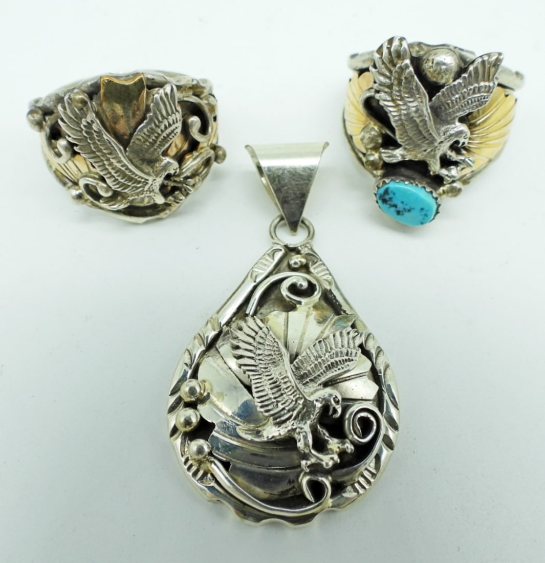 NAVAJO GLEN WILLIE EAGLE RINGS(2) AND PENDANT(1) (1 of 4)