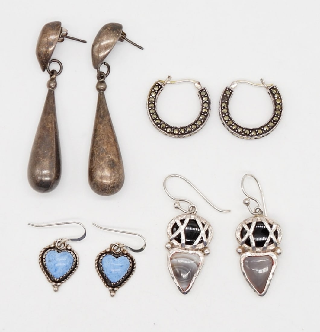 (4) PAIRS OF STERLING SILVER EARRINGS: STERLING SILVER EARRINGS WITH MARCASITE & NATURAL STONES - STAMPED 925, 5 STAR STERLING; 24.2 DWT