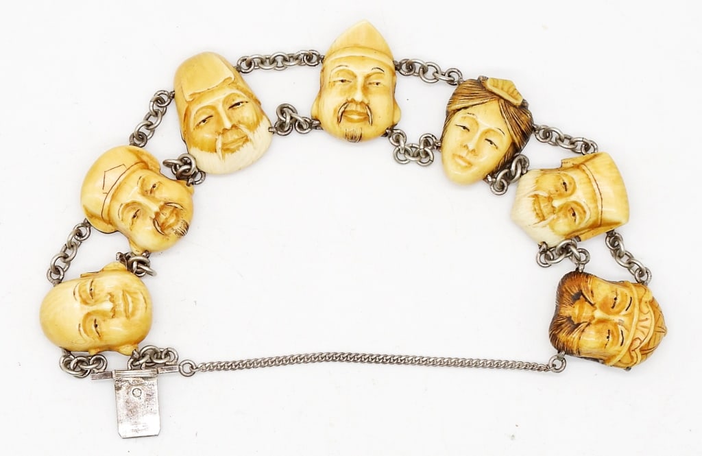 SEVEN LUCKY GODS CARVED BONE BRACELET: STAMPED "SILVER" with SAFETY CHAIN - 7" with WORKING CLASP