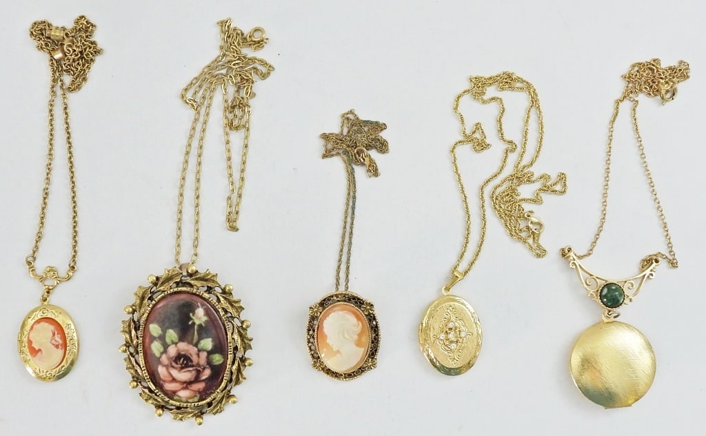(5) CAMEO / LOCKET NECKLACE LOT: (1) CAMEO GOLD FILLED SHELL CARVED 18" (1) CAMEO MODERN LOCKET STYLE 18", (1) LOCKET 22" with RHINESTONE (1) LOCKET 16" with GREEN MARBLE, (1) HAND PAINTED PORCELAIN 24"