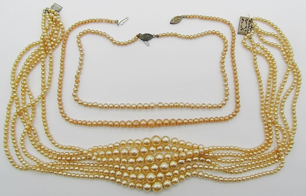 (3) SILVER TONE FAUX PEARL NECKLACES: 15 AND 16 IN LONG FOR CHOKER STYLE WITH A LATCH CLASP, 1 LAYERED STYLE WITH OPEN BOX CLAPS