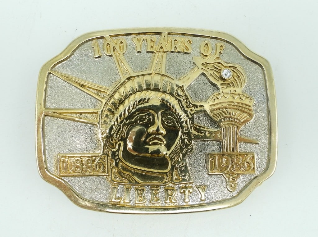 100 YEARS OF LIBERTY BELT BUCKLE: LIBERTY BELT BUCKLE 3 1/2' LONG GOLD TONE
