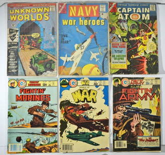 (6) WAR COMICS - FIGHTIN ARMY, NAVY: WAR HEROES, CAPTAIN ATOM, WORLD AT WAR, FIGHTIN MARINES, & UNKOWN WORLDS - GOOD/VG