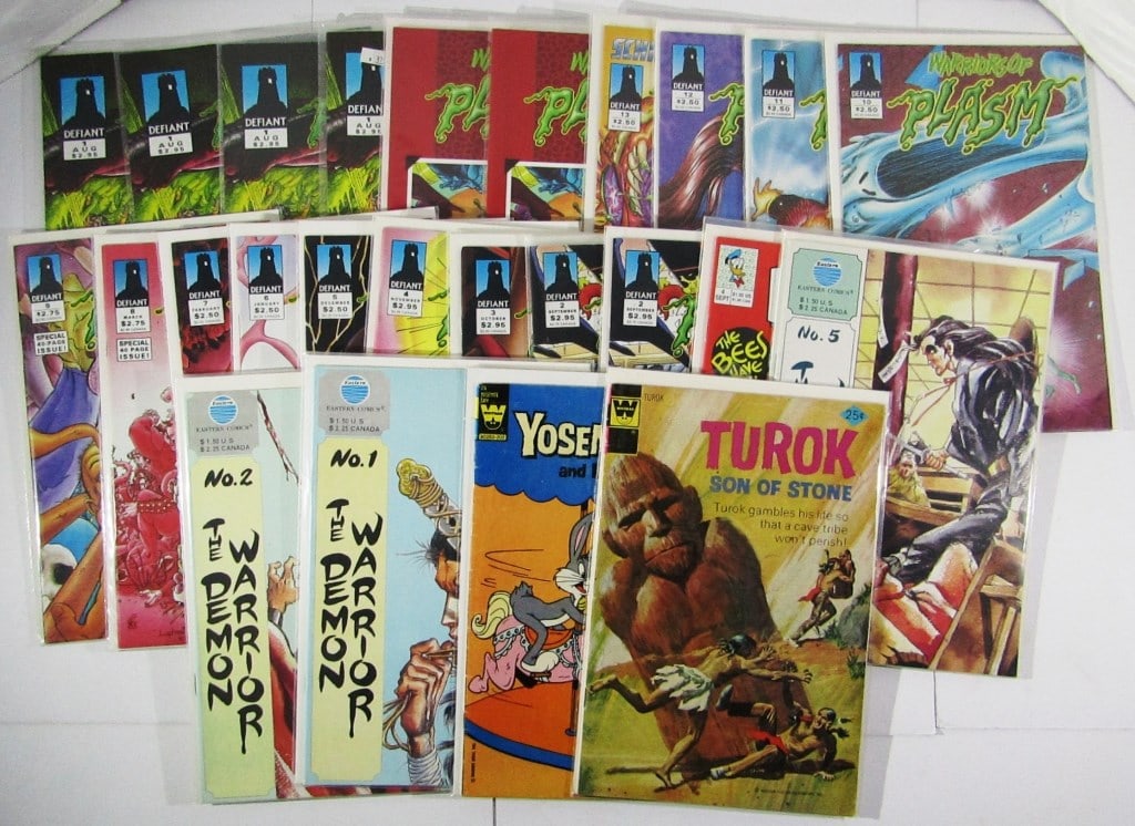 (24) COMICS: DEFIANT, DISNEY & MORE: INCLUDES TUROK SON OF STONE, YOSEMITE SAM AND BUGS BUNNY, THE DEMON WARRIOR, DONALD DUCK ADVENTURES, & WARRIORS OF PLASM