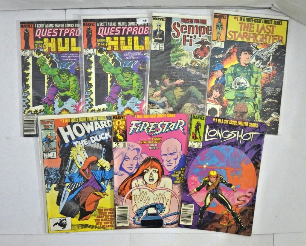 (7) MARVEL #1 ISSUES - GREAT LOT!: LONGSHOT, FIRESTAR, HOWARD THE DUCK, THE LAST STARFIGHTER, SEMPER FI(2) QUESTPROBE THE HULK - VG/FINE