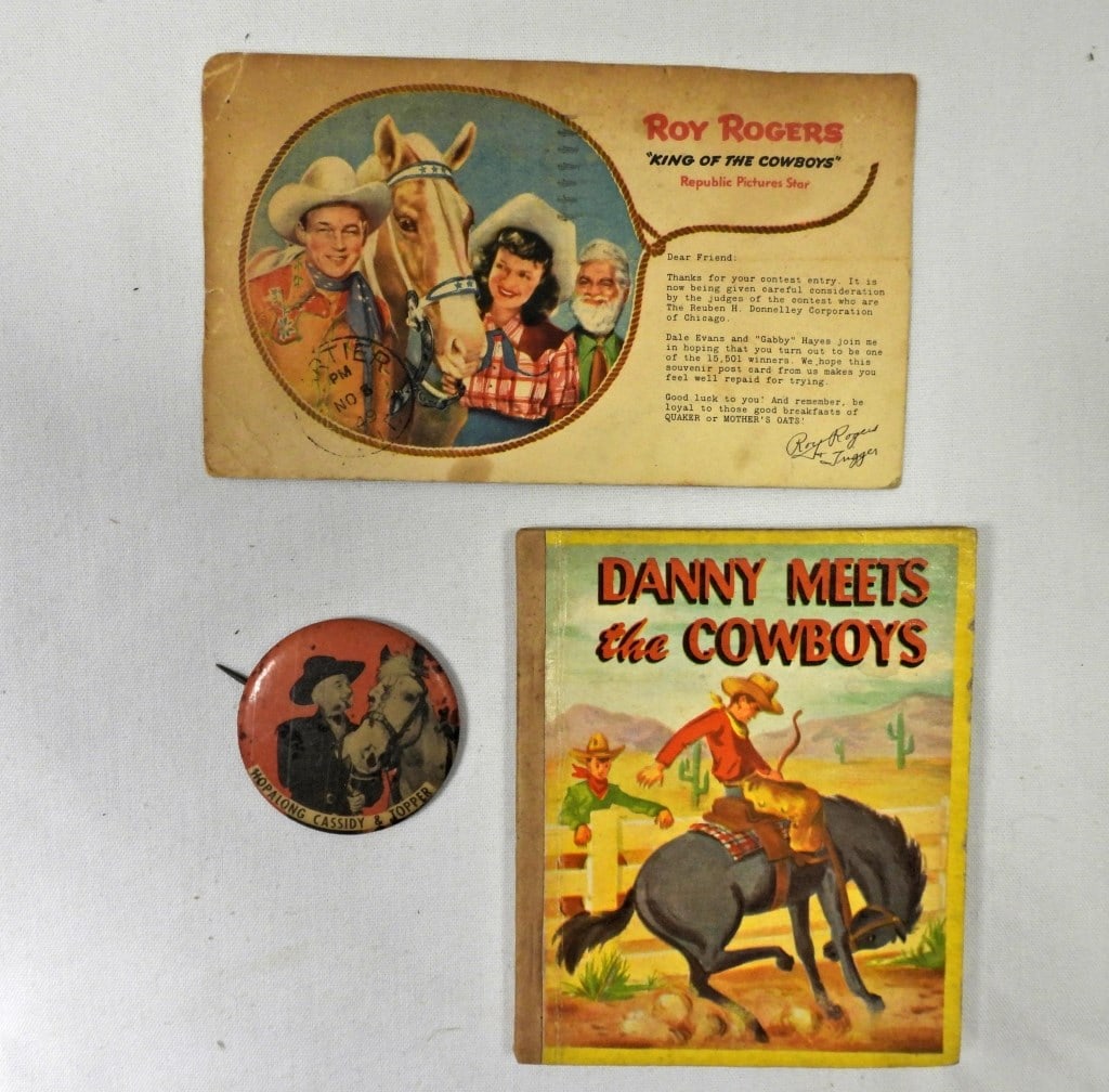 ROY ROGERS / HOPALONG CASSIDY LOT: (1) POSTCARD 1949 ROY ROGERS, (1) HOPALONG CASSIDY & TOPPER BUTTON, (1) 1949 DANNY MEETS the COWBOYS CHILDRENS BOOK