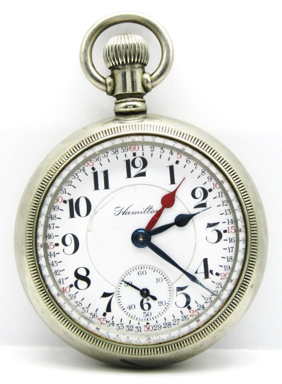 Hamilton Grade 940 - 18S, 21 Jewel: Nice Double Sunk Montgomery Porcelain Dial with Two Time Zone Hour Hands, 21 Jewel, Lever Ser, Motor Barrel Mov't, Large Silveroid Screwback Case with Thick Glass Crystal.