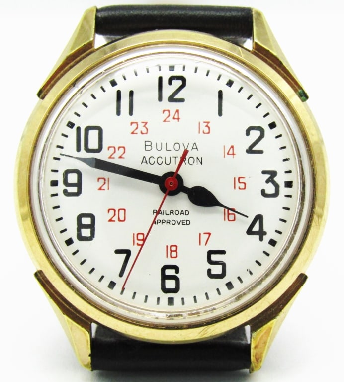 Bulova Accutrom 214 Railroad: Excellent Original 24Hr Railroad Dial, Gold Plated Case with Stainless Back, Case Date Code N4=1974, Fresh Battery, New Strap, 35mm.