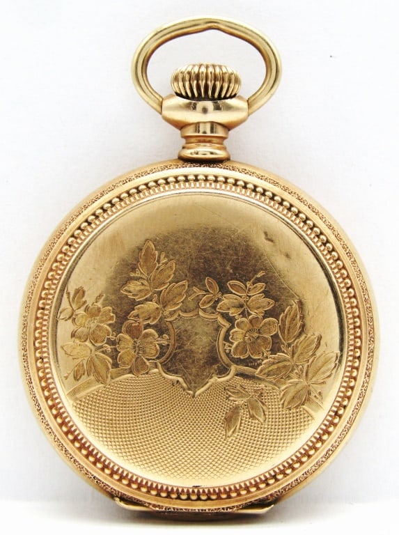 Waltham 0 Size Hunting Case: White Porcelain Dial, 15 Jewel Stem Set Movement, Crescent Yellow Gold Filled Hunting Case with Floral Motif, No Engraving!