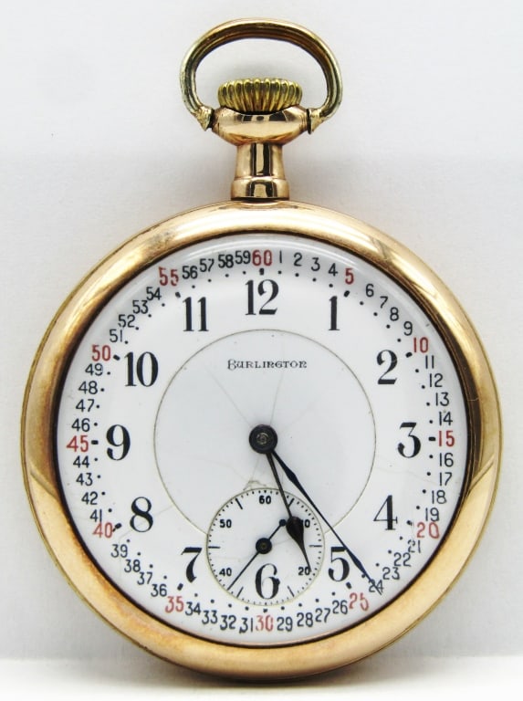 Burlington Watch Co. 16S, 19 Jewel: Double Sunk Porcelain Montgomery Dial, 19 Jewel, Lever Set Movement, Burlington Marked, Yellow Gold Filled Screwback Case with 3 Color Enamel Monogram.