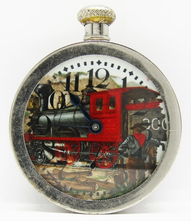 Waltham P.S. Bartlett - 18S, 17 Jewel: Unique Hand Painted Locomotive on Original Porcelain Dial, 17 Jewel, Stem Set Tutone Movement, Cased ina Fully Signed Waltham Shipping Container.