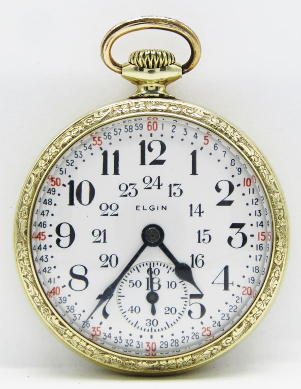 Elgin Father Timer - 16S, 21 Jewel: Very Nice Porcelain 24 Hour Montgomery Dial, 21 Jewel Lever Set Movement, Grade 454, 25 Year Dueber Yellow Gold Filled Screwback Case.