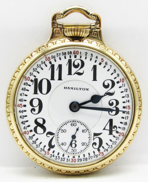 Hamilton 950 - 16S, 23 Jewel: Perfect Porcelain Double Sunk Montgomery Dial, 23 Jewel Lever Set Movement, Hamilton Signed Yellow Gold Filled "Bar Over Crown" Screwback Case. This is a nice watch!