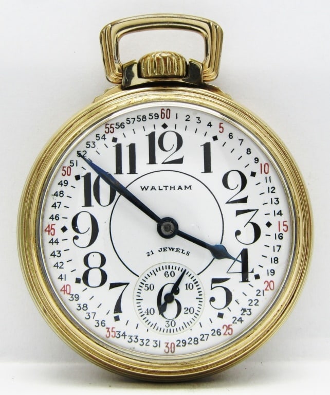 Waltham Riverside - 16S, 21 Jewel: Nice Porcelain Montgomery Dial, 21 Jewel, Lever Set Movement. Waltham Marked Keystone Yellow Gold Filled Screwback Case.