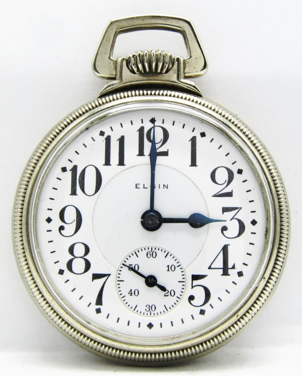 Elgin Father Time - 16S, 21 Jewel: Nice Double Sunk Porcelain Dial, 21 Jewel Lever Set Movement, Grade 454, Chunky Keystone Nickleoid Screwback Case.