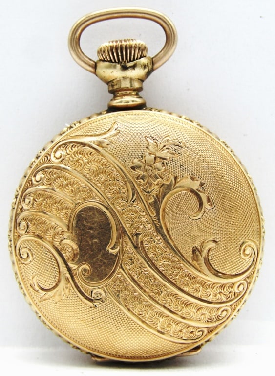 Hampden Diadem 3/0 Hunting Case: White Porcelain Dial, 15 Jewel Lever Set Movement, Dueber Yellow Gold Filled Hunting Case with Floral Motif, No Engraving!