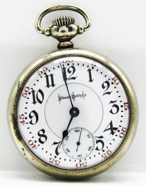 Illinois A. Lincoln - 18S, 21 Jewel: Nice Double Sunk Gothic Porcelain Dial, 21 Jewel Lever Set Movement. Nickle Screwback Case.