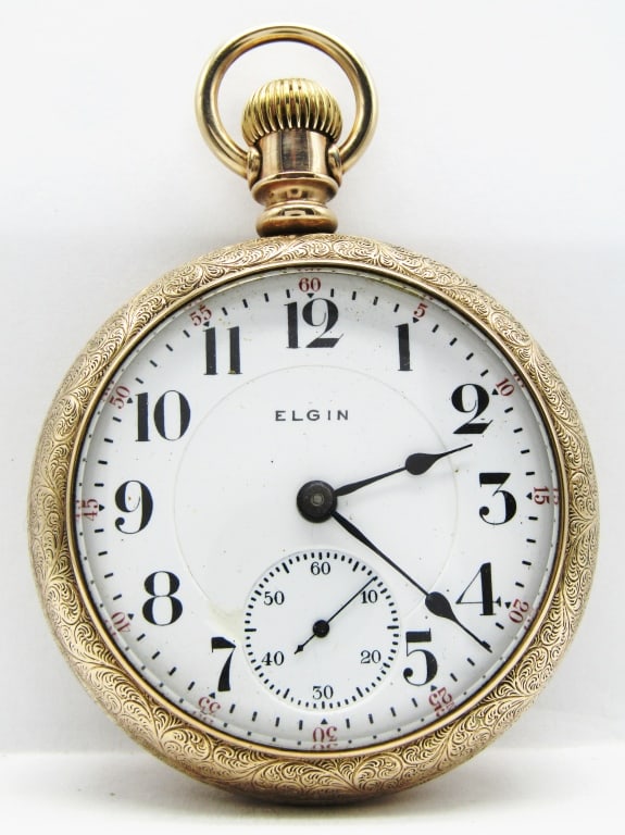 Elgin Veritas - 18S, 23 Jewel: Double Sunk Porcelain Dial, 23 Jewel Lever Set Movement Grade 214, FAHYS Yellow Gold Filled Screwback Case.