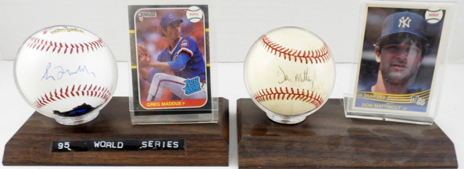 MADDUX & MATTINGLY AUTO BALLS: BOTH with ROOKIE CARDS! BOTH in DISPLAYs - NO COAs